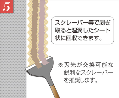 リペアソルブNシリーズ リペアソルブA 手順5 スクレーバー等で剥ぎ取ると湿潤したシート状に回収できます。※刃先が交換可能な鋭利なスクレーバーを推奨します。