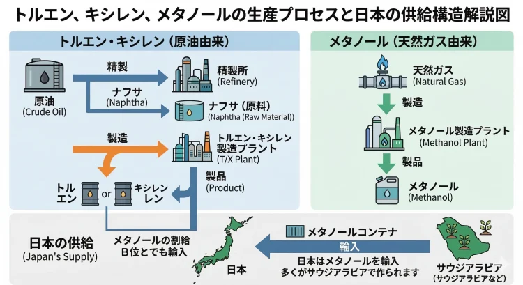 トルエン、キシレン、メタノールの生産プロセスと日本の供給構造解説図