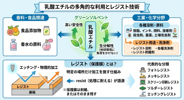 乳酸エチルの多角的な利用とレジスト技術について解説図